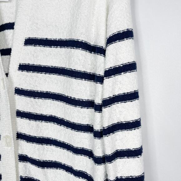 New LOFT S White Navy Blue Striped V Neck Pocket Long Cardigan Sweater Cotton - Picture 4 of 12